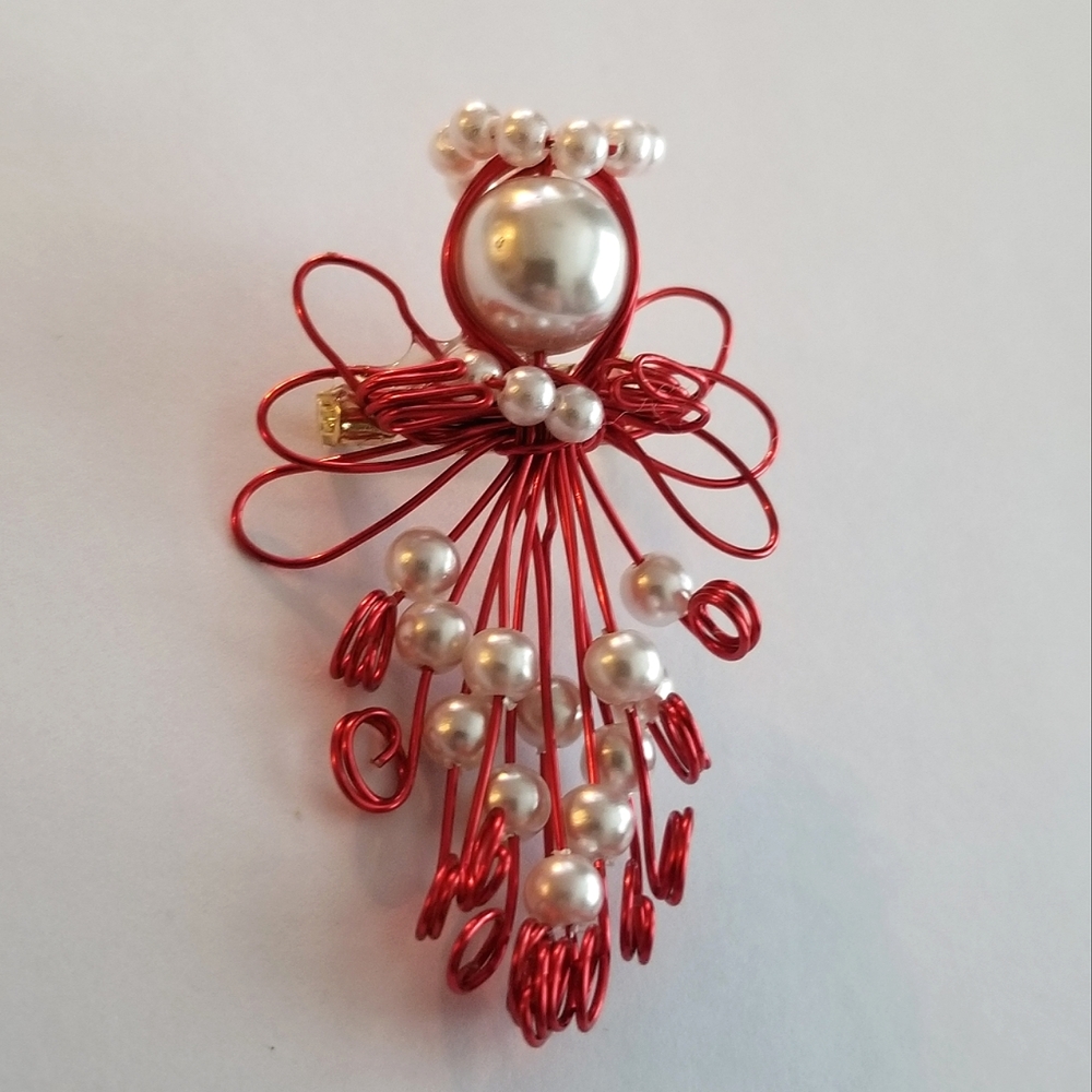 Handmade Angel brooch red wire white faux pearl pin